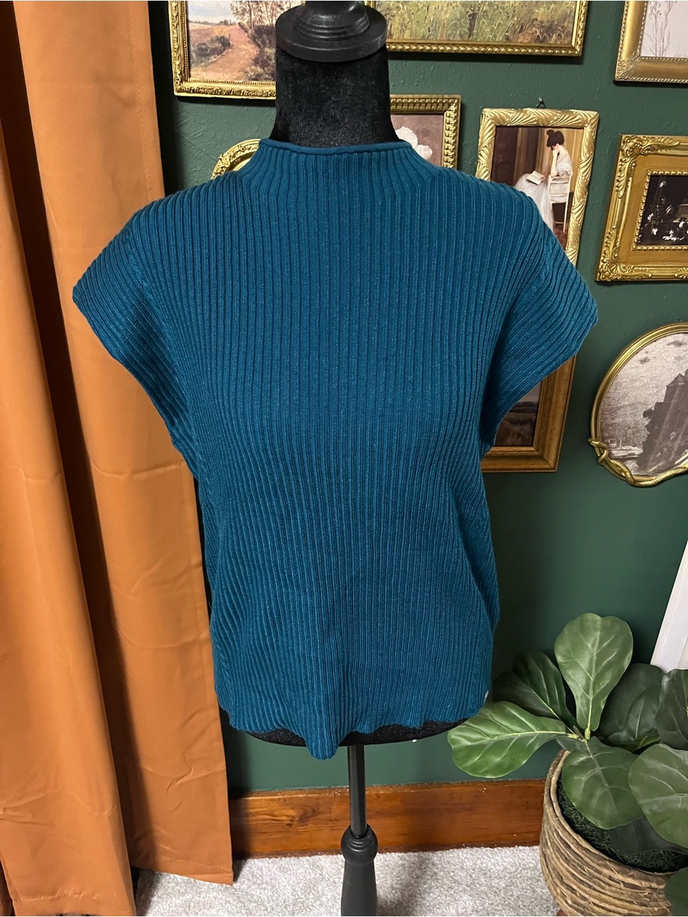 NWT Calvin Klein Teal Ribbed Short-Sleeve Mock Neck Top